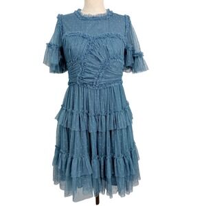 Ivy City Co Starry Night Dress Blue Tulle Tiered Ruffle Midi Small